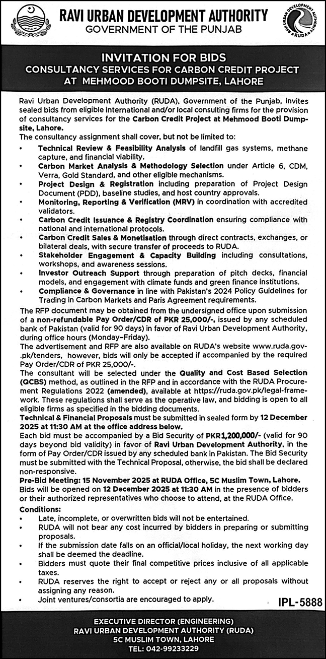 Ravi Urban Development Authority Lahore Tender Notice